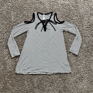 Back & Ivory Striped Long Sleeve Cold Shoulder Top with Criss Cross Tie Neckline